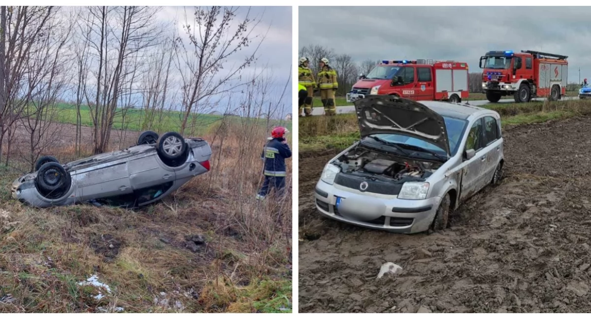 Wypadki drogowe, Dachowanie gminie Czyżew samochód gminie Klukowo Niespokojny poranek wysokomazowieckich drogach - zdjęcie, fotografia