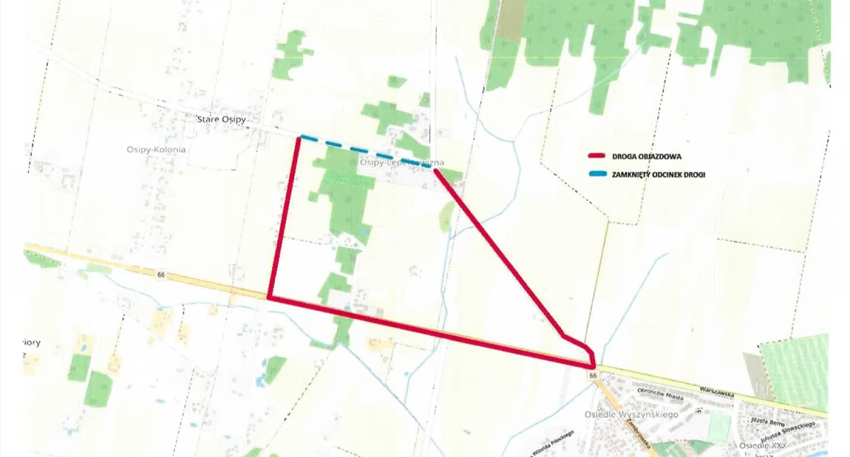 Zdjęcie: Schemat objazdu podczas prac budowlanych na drodze powiatowej Nr 2057B, na odcinku Osipy Lepertowizna – Stare Osip