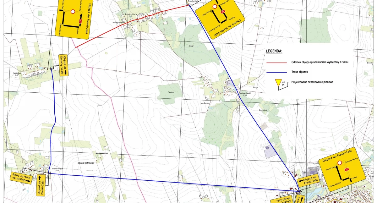 Zdjęcie: Mapka z objazdem dotyczącym remontu drogi powiatowej nr 2037B od granicy województwa przez Dmochy-Wochy do drogi krajowej nr 63