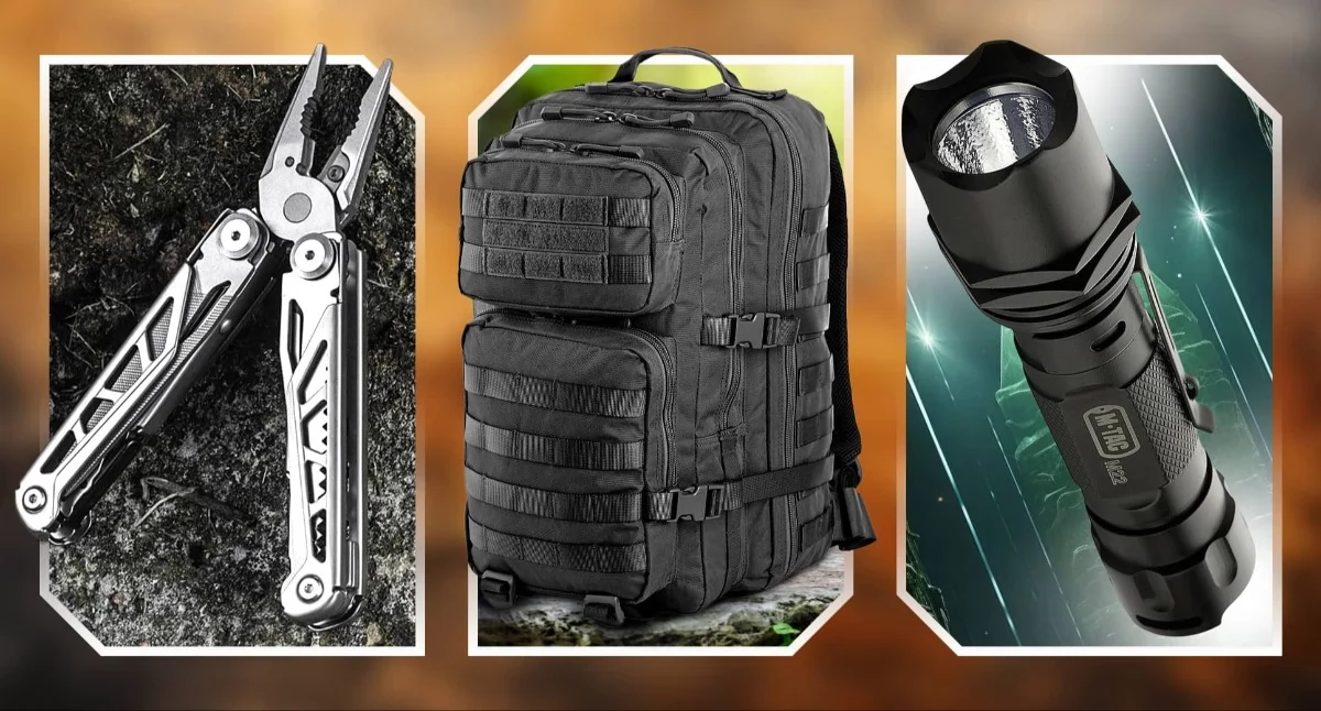 multitool, plecak, latarka