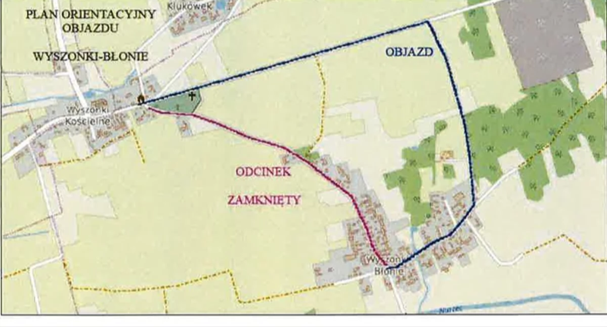 Zdjęcie: Schemat objazdu podczas modernizacji drogi powiatowej nr 2089B Wyszonki Kościelne-Wyszonki Błonie