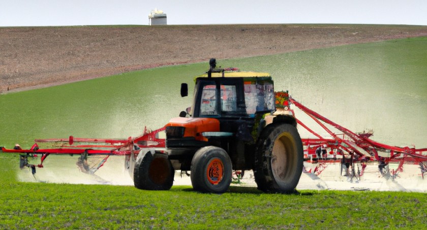Zdjęcie: Traktor wykonujący oprysk nawozów na polu