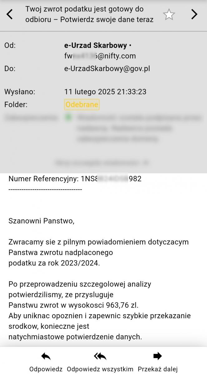 Przykład oszustwa metodą na zwrot podatku