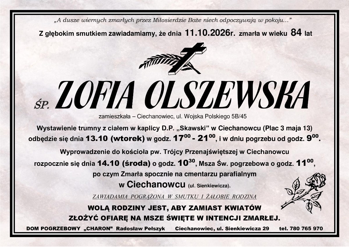 Nekrolog: śp. Zofia Olszewska, zm. 11 października 2026 r.