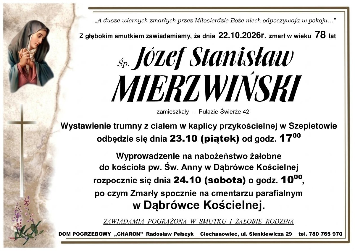 Nekrolog: śp. Józef Stanisław Mierzwiński, zm. 22 października 2026 r.