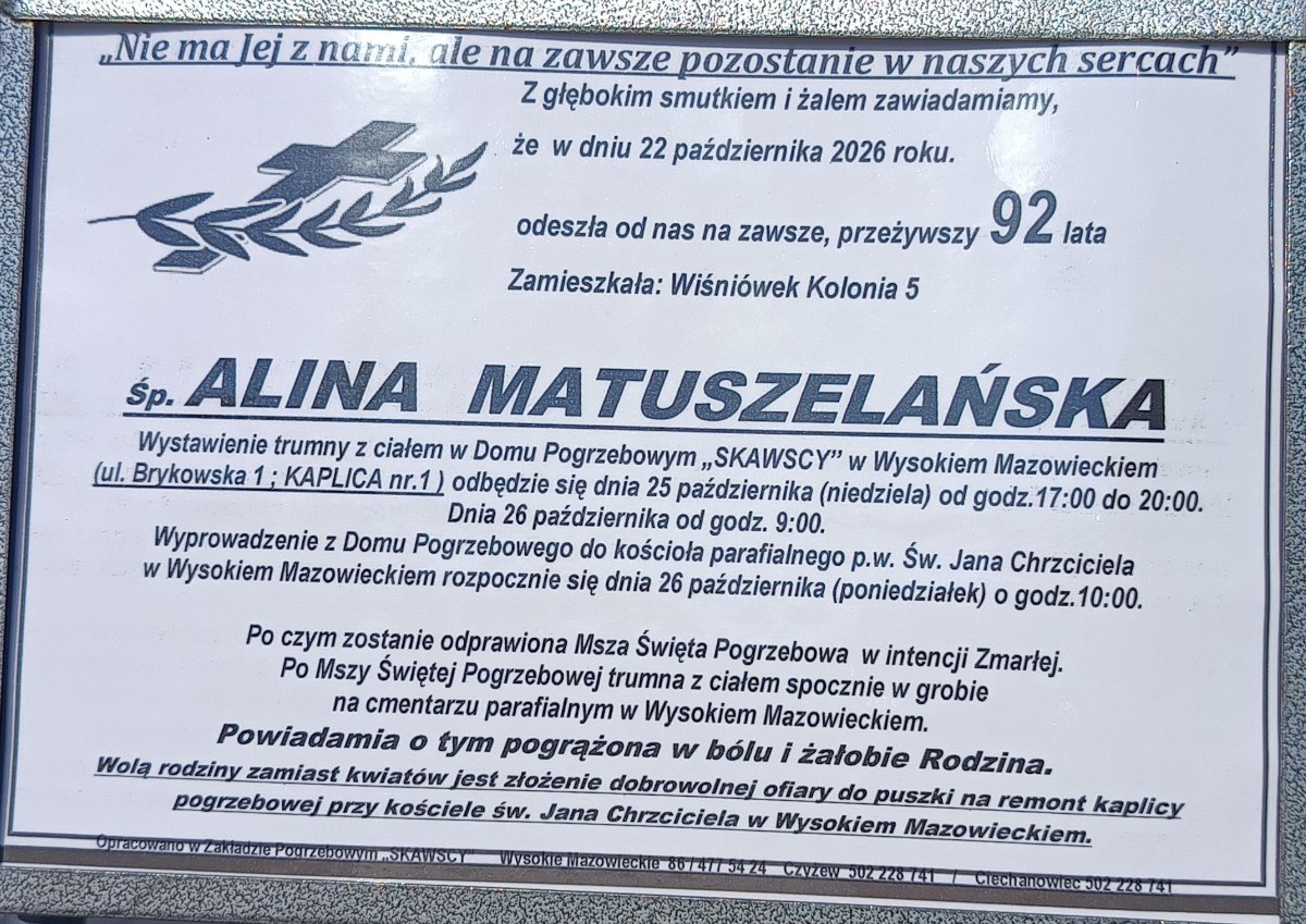 Nekrolog: śp. Alina Matuszelańska, zm. 22 października 2026 r.