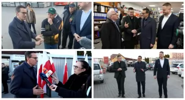 Mateusz Morawiecki w Sokołach. Mieszkańcy pytali o podziały na prawicy i Trybunał Konstytucyjny [FOTO + VIDEO]